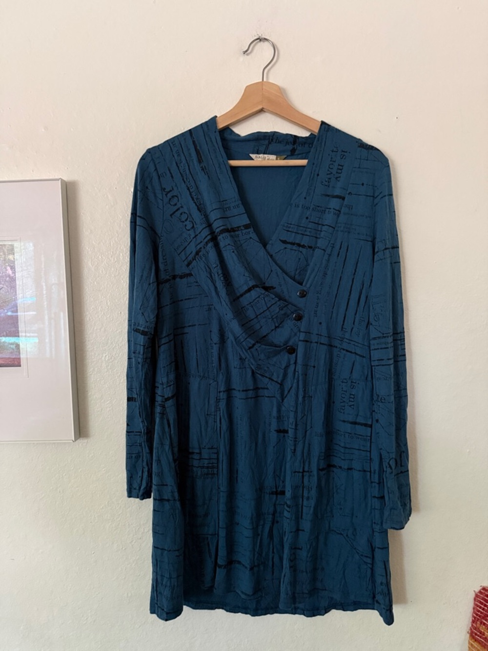 Chalet et Ceci Teal Blue Printed Wrap-Style Long Sleeve Dress Sz S